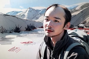 solo, looking at viewer, black hair, 1boy, closed mouth, upper body, male focus, summit, landscape, mountain range, clear sky,  backpack, windbreaker, traditional media, facing viewer, realistic, rnhg ,sketch art,watercolor,rha30,fujimotostyle, (Thinning hair baldness)