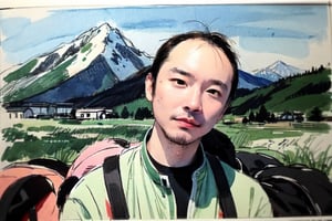 solo, looking at viewer, black hair, 1boy, closed mouth, upper body, male focus, summit, landscape, mountain range, clear sky,  backpack, windbreaker, traditional media, facing viewer, realistic, rnhg ,sketch art,watercolor,rha30,fujimotostyle, (Thinning hair baldness)