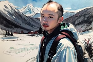 solo, looking at viewer, black hair, 1boy, closed mouth, upper body, male focus, summit, landscape, mountain range, clear sky,  backpack, windbreaker, traditional media, facing viewer, realistic, rnhg ,sketch art,watercolor,rha30,fujimotostyle, (Thinning hair baldness)