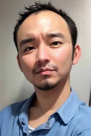 1boy, solo, looking at viewer, simple background, shirt, brown eyes, upper body, lips, portrait, (thin hair), wide forehead, little bald, short hair, rnhg