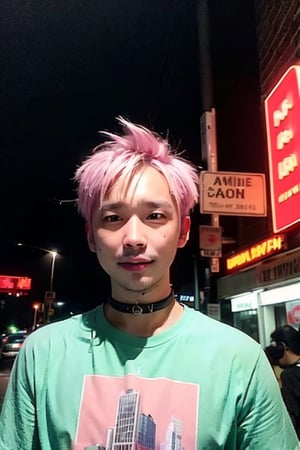 1boy, solo, brown eyes, lips, portrait,  wide forehead, rnhg , pastel pink hair, pastel green hair, messy style, oversized graphic t-shirt, choker, layered bracelets, vibrant city street, neon signs