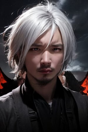 boy, solo, brown eyes, portrait, Dark seraph, male, red and black wings, intense eyes, battle-worn, night sky, ominous clouds, fierce and sorrowful, white hair