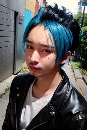 1boy, solo, brown eyes, lips, portrait,  wide forehead, rnhg , neon blue hair, dramatic mohawk, black leather jacket, colorful patches, studs, bold rings, nose piercing, graffiti-covered alleyway