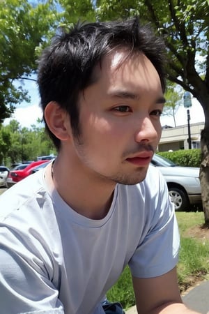 solo, looking at viewer, shirt, black hair, 1boy, jewelry, white shirt, upper body, short sleeves, male focus, outdoors, day, black eyes, bracelet, tree, realistic, bead bracelet, photo background, Thinning hair baldness