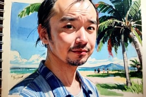 solo, looking at viewer, black hair, 1boy, closed mouth, upper body, male focus,, aloha shirt, palm trees, sandy beach, traditional media, facing viewer, realistic, rnhg ,sketch art,watercolor,rha30,fujimotostyle, (Thinning hair baldness)