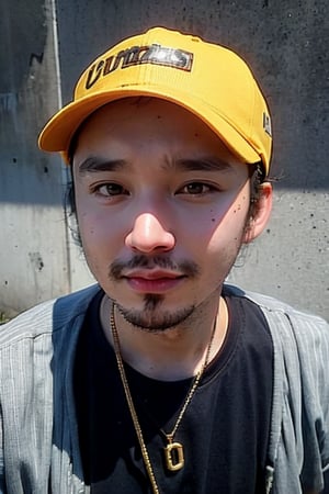 1boy, solo, brown eyes, lips, portrait, rnhg, Hip Hop, Graphic T-shirt, Gold Chains, Baseball Cap, Urban Graffiti Background, Confident Pose, Street Art