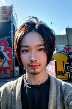 1boy, solo, brown eyes, portrait, looking at viewer, rnhg, (bobcut), 
urban setting, street fashion, confident pose, cityscape background, trendy clothing, graffiti walls