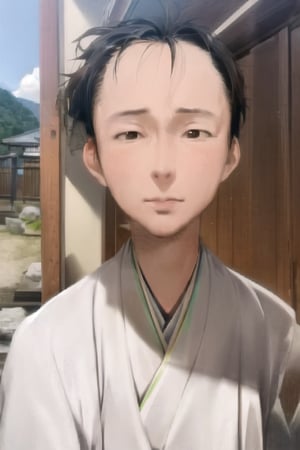 1boy, solo, looking at viewer, simple background, shirt, brown eyes, upper body, lips, portrait, (thin hair), wide forehead, short hair, rnhg,(masterpiece), scenery, ((Kyoto Animation Style))