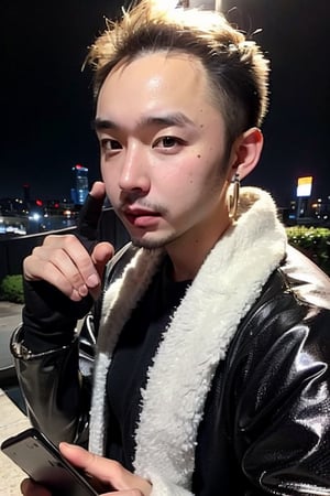 1boy, solo, brown eyes, lips, portrait,  wide forehead, rnhg , platinum blonde hair, sleek undercut, metallic bomber jacket, fingerless gloves, bold earrings, high-tech cityscape