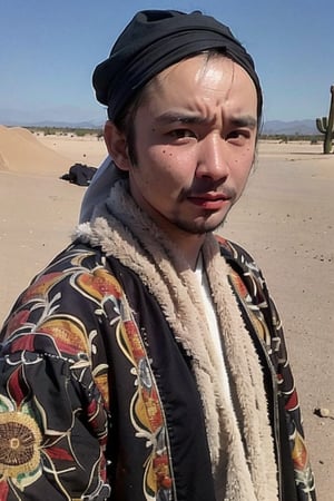 1boy, solo, brown eyes, lips, portrait,  wide forehead, rnhg , A man wearing a headscarf, traditional, cultural, ornate patterns, flowing robes, rich colors, intricate embroidery, desert, rugged, confident, timeless, ancient
