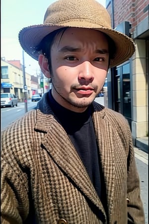 man, Portrait, hunting hat, vintage style, tweed jacket, retro background, black and white photography style, old streetscape, natural light