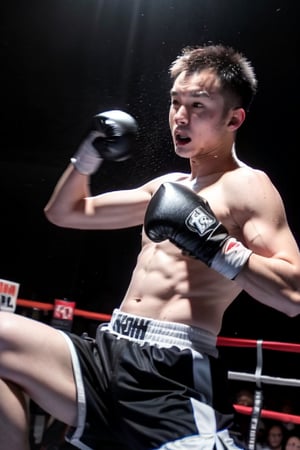 1boy, solo, brown eyes, portrait, rnhg, male kickboxer, muscular, fighting stance, intense expression, boxing gloves, shorts, sweat, action pose, gym background, dynamic lighting, motion blur