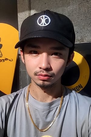 1boy, solo, brown eyes, lips, portrait, rnhg, Hip Hop, Graphic T-shirt, Gold Chains, Baseball Cap, Urban Graffiti Background, Confident Pose, Street Art