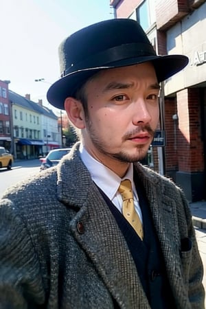 man, Portrait, hunting hat, vintage style, tweed jacket, retro background, black and white photography style, old streetscape, natural light