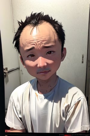 1boy, solo, looking at viewer, simple background, shirt, brown eyes, upper body, lips, portrait, (thin hair), wide forehead, little bald, short hair, rnhg