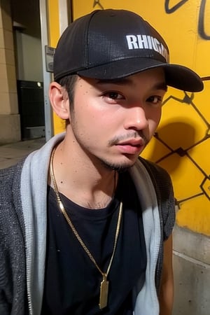 1boy, solo, brown eyes, lips, portrait, rnhg, Hip Hop, Graphic T-shirt, Gold Chains, Baseball Cap, Urban Graffiti Background, Confident Pose, Street Art