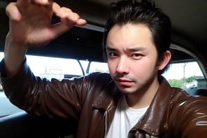 boy, solo, brown eyes, portrait, Greaser hairstyle, gelled pompadour, leather jacket, white T-shirt, rebellious attitude, vintage 1950s, sideburns, classic car, retro lighting,