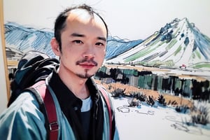 solo, looking at viewer, black hair, 1boy, closed mouth, upper body, male focus, summit, landscape, mountain range, clear sky,  backpack, windbreaker, traditional media, facing viewer, realistic, rnhg ,sketch art,watercolor,rha30,fujimotostyle, (Thinning hair baldness)