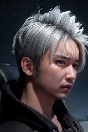 boy, solo, brown eyes, portrait, Dark seraph, male, red and black wings, intense eyes, battle-worn, night sky, ominous clouds, fierce and sorrowful, white hair