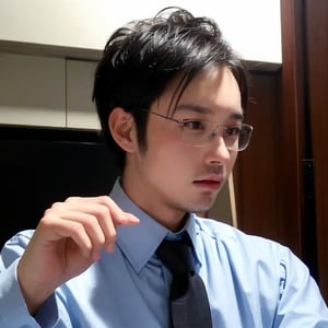 solo, looking at viewer, blonde hair, shirt, black hair, 1boy, closed mouth, white shirt, upper body, male focus, multicolored hair, necktie, glasses, collared shirt, two-tone hair, formal, suit, clenched hand, realistic