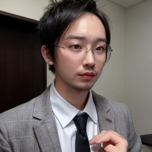 solo, looking at viewer, blonde hair, shirt, black hair, 1boy, closed mouth, white shirt, upper body, male focus, multicolored hair, necktie, glasses, collared shirt, two-tone hair, formal, suit, clenched hand, realistic