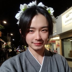 4k,best quality,masterpiece,20yo 1boy,(traditional Japanese costume, alluring smile, head ornaments 

(Beautiful and detailed eyes),
Detailed face, detailed eyes, double eyelids ,thin face, real hands, muscular fit body, semi visible abs, ((short hair locks:1.2)), black hair, black background,


real person, color splash style photo,
