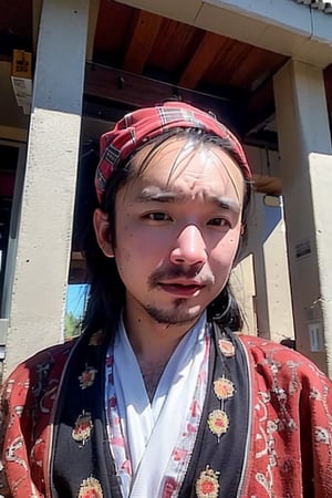 1boy, solo, brown eyes, lips, portrait,  wide forehead, rnhg , A man wearing a headscarf, traditional, cultural, ornate patterns, flowing robes, rich colors, intricate embroidery, desert, rugged, confident, timeless, ancient