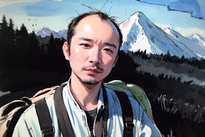 solo, looking at viewer, black hair, 1boy, closed mouth, upper body, male focus, summit, landscape, mountain range, clear sky,  backpack, windbreaker, traditional media, facing viewer, realistic, rnhg ,sketch art,watercolor,rha30,fujimotostyle, (Thinning hair baldness)