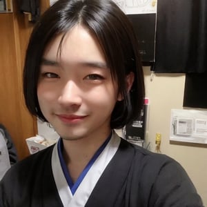 4k,best quality,masterpiece,20yo 1boy,(traditional Japanese costume, alluring smile, head ornaments 

(Beautiful and detailed eyes),
Detailed face, detailed eyes, double eyelids ,thin face, real hands, muscular fit body, semi visible abs, ((short hair locks:1.2)), black hair, black background,


real person, color splash style photo,
