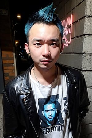 1boy, solo, brown eyes, lips, portrait,  wide forehead, rnhg , neon blue hair, dramatic mohawk, black leather jacket, colorful patches, studs, bold rings, nose piercing, graffiti-covered alleyway