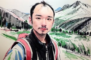 solo, looking at viewer, black hair, 1boy, closed mouth, upper body, male focus, summit, landscape, mountain range, clear sky,  backpack, windbreaker, traditional media, facing viewer, realistic, rnhg ,sketch art,watercolor,rha30,fujimotostyle, (Thinning hair baldness)