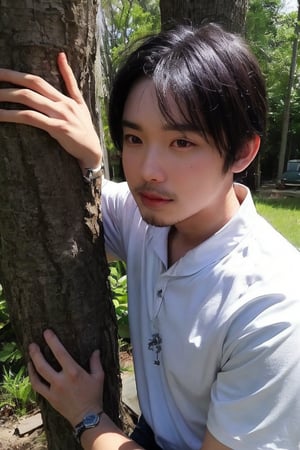 solo, looking at viewer, shirt, black hair, 1boy, jewelry, white shirt, upper body, short sleeves, male focus, outdoors, day, black eyes, bracelet, tree, realistic, bead bracelet, photo background