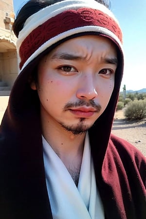 1boy, solo, brown eyes, lips, portrait,  wide forehead, rnhg , A man wearing a headscarf, traditional, cultural, ornate patterns, flowing robes, rich colors, intricate embroidery, desert, rugged, confident, timeless, ancient