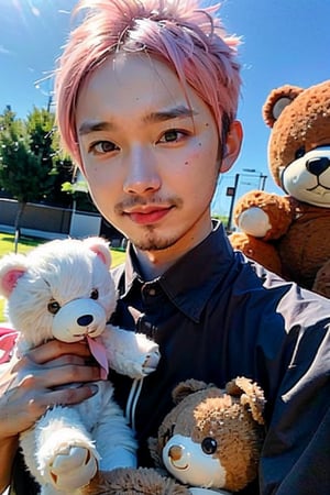 1boy, solo, brown eyes, portrait, looking at viewer, rnhg, ((Light pink hair)), holding a teddy bear, black collared shirt, park, blue sky