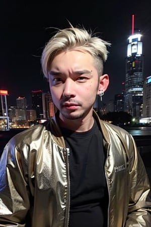 1boy, solo, brown eyes, lips, portrait,  wide forehead, rnhg , platinum blonde hair, sleek undercut, metallic bomber jacket, fingerless gloves, bold earrings, high-tech cityscape