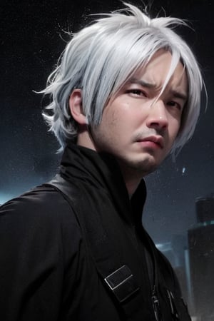 boy, solo, brown eyes, portrait, Dark seraph, male, red and black wings, intense eyes, battle-worn, night sky, ominous clouds, fierce and sorrowful, white hair