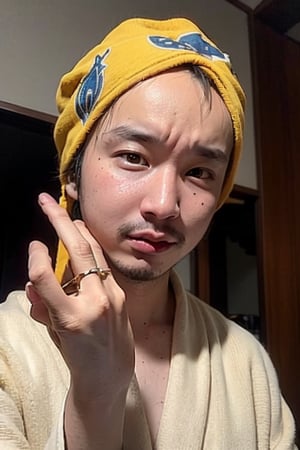 1boy, solo, brown eyes, lips, portrait,  wide forehead, rnhg , yellow headscarf, traditional attire, embroidered robe, ornate jewelry, rings, cultural, exotic, historical, regal, vibrant colors, ceremonial