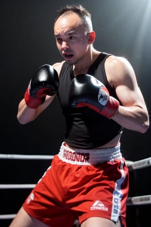 1boy, solo, brown eyes, portrait, rnhg, male kickboxer, muscular, fighting stance, intense expression, boxing gloves, shorts, sweat, action pose, gym background, dynamic lighting, motion blur, (Thinning hair baldness)