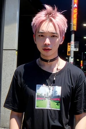 1boy, solo, brown eyes, lips, portrait,  wide forehead, rnhg , pastel pink hair, pastel green hair, messy style, oversized graphic t-shirt, choker, layered bracelets, vibrant city street, neon signs