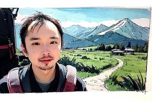 solo, looking at viewer, black hair, 1boy, closed mouth, upper body, male focus, summit, landscape, mountain range, clear sky,  backpack, windbreaker, traditional media, facing viewer, realistic, rnhg ,sketch art,watercolor,rha30,fujimotostyle, (Thinning hair baldness)