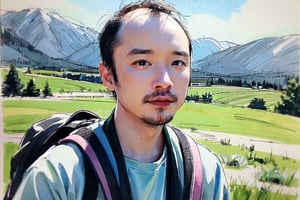 solo, looking at viewer, black hair, 1boy, closed mouth, upper body, male focus, summit, landscape, mountain range, clear sky,  backpack, windbreaker, traditional media, facing viewer, realistic, rnhg ,sketch art,watercolor,rha30,fujimotostyle, (Thinning hair baldness)