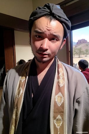 1boy, solo, brown eyes, lips, portrait,  wide forehead, rnhg , A man wearing a headscarf, traditional, cultural, ornate patterns, flowing robes, rich colors, intricate embroidery, desert, rugged, confident, timeless, ancient