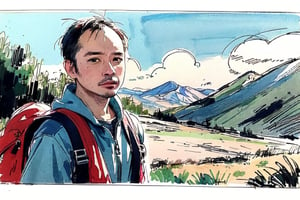 solo, looking at viewer, black hair, 1boy, closed mouth, upper body, male focus, summit, landscape, mountain range, clear sky,  backpack, windbreaker, traditional media, facing viewer, realistic, rnhg ,sketch art,watercolor,rha30,fujimotostyle, (Thinning hair baldness)