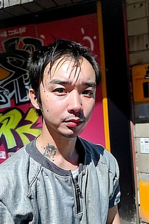 1boy, solo, brown eyes, portrait, looking at viewer, rnhg, (bobcut), 
urban setting, street fashion, confident pose, cityscape background, trendy clothing, graffiti walls