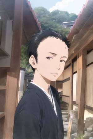 1boy, solo, looking at viewer, simple background, shirt, brown eyes, upper body, lips, portrait, (thin hair), wide forehead, short hair, rnhg,(masterpiece), scenery, ((Kyoto Animation Style))