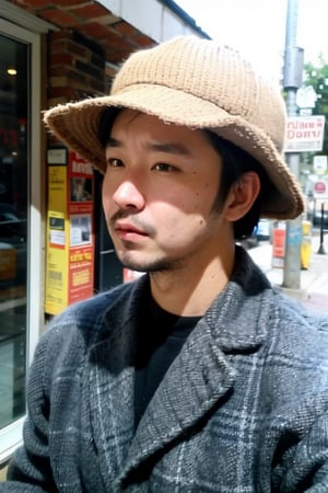 man, Portrait, hunting hat, vintage style, tweed jacket, retro background, black and white photography style, old streetscape, natural light