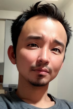 1boy, solo, looking at viewer, simple background, shirt, brown eyes, upper body, lips, portrait, (thin hair), wide forehead, little bald, short hair, rnhg