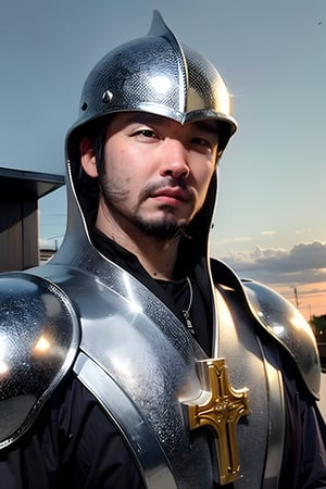 1boy, solo, brown eyes, portrait, looking at viewer, rnhg, holy shield, silver armor, solemn expression, sunset background, paladin shrouded in light, cross emblem