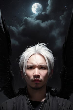 boy, solo, brown eyes, portrait, Dark seraph, male, red and black wings, intense eyes, battle-worn, night sky, ominous clouds, fierce and sorrowful, white hair