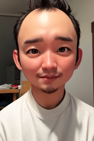 1boy, solo, looking at viewer, simple background, shirt, brown eyes, upper body, lips, portrait, (thin hair), wide forehead, little bald, short hair, rnhg